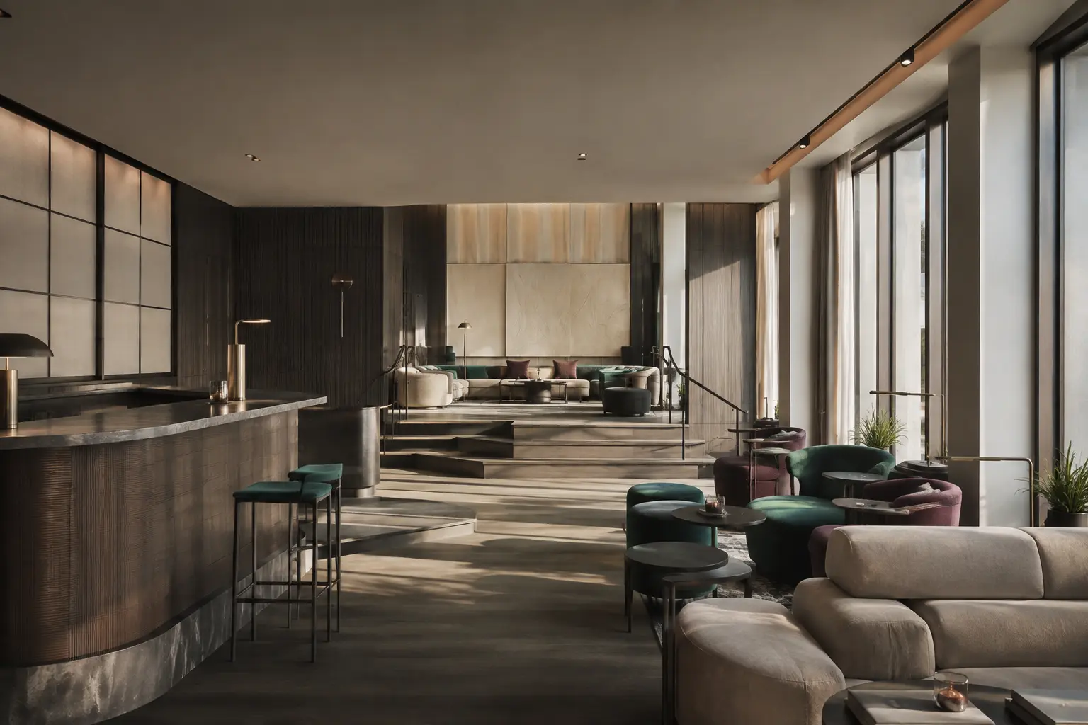 Conceptual contemporary hospitality lounge with coordinated architectural lighting