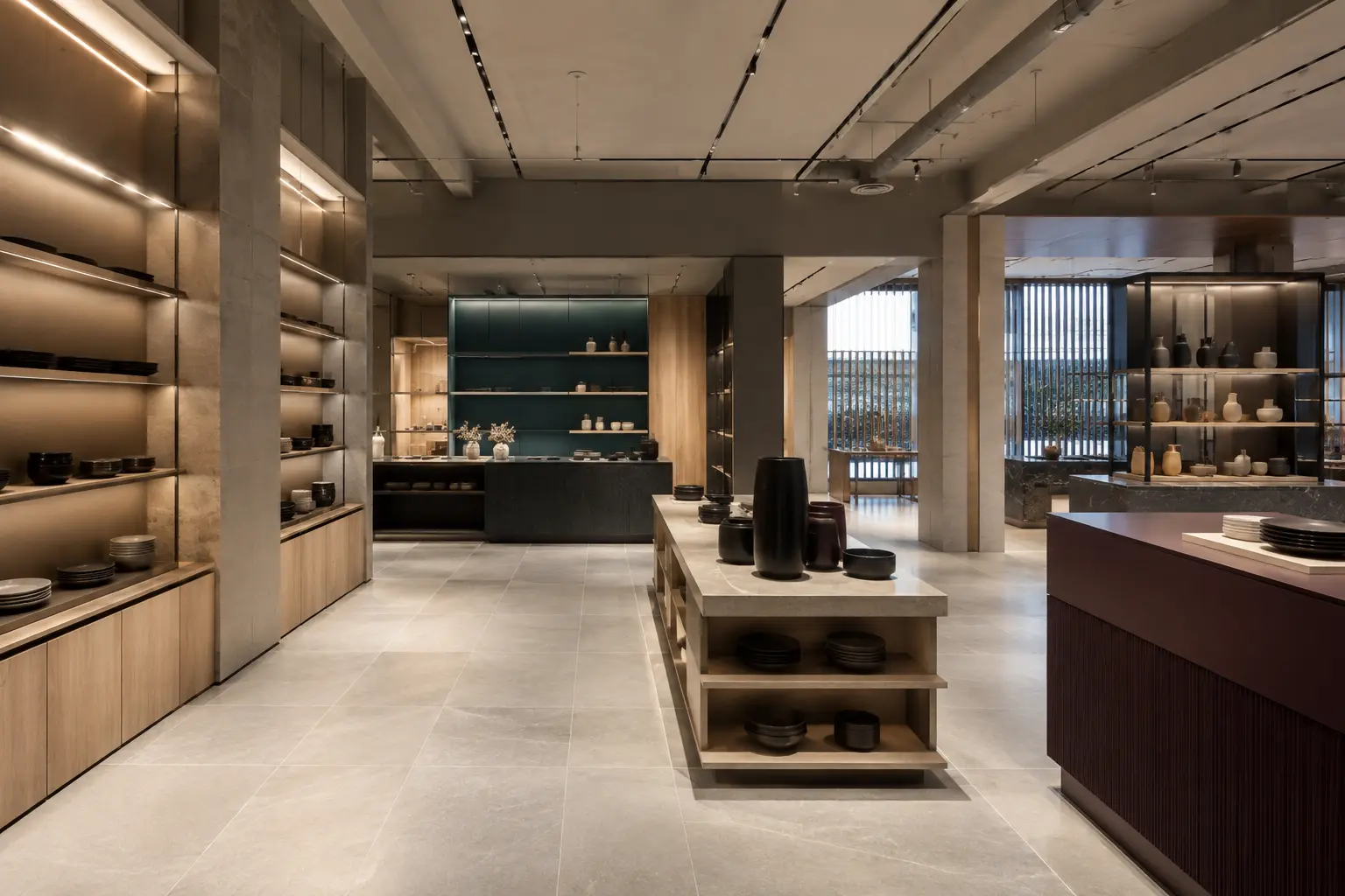 Conceptual contemporary retail interior with integrated lighting and display fixtures